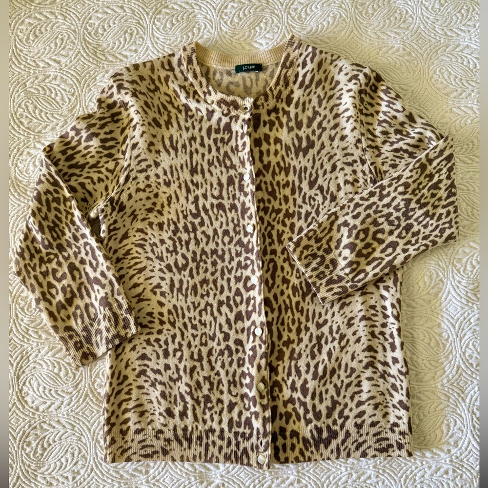 J. Crew Brown and Tan Leopard Print Wool Cardigan - Picture 1 of 9